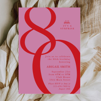 Pink Red Shh It's a Surprise 80th Birthday Party Kaart