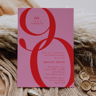 Pink Red Shh It's a Surprise 90th Birthday Party Kaart