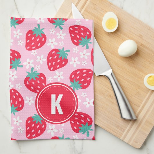 Pink Red Strawberries Floral Pattern Monogram Theedoek (Quarter Fold)