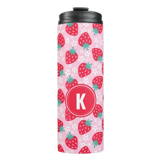 Pink Red Strawberries Floral  Pattern Monogram Thermosbeker (Voorkant)