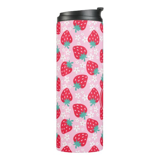Pink Red Strawberries Floral  Pattern Monogram Thermosbeker (Gedraaid links)