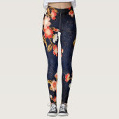 PINK RED WHITE SPRING FLOWERS DEEP BLUE FLORAL LEGGINGS (Voorkant)