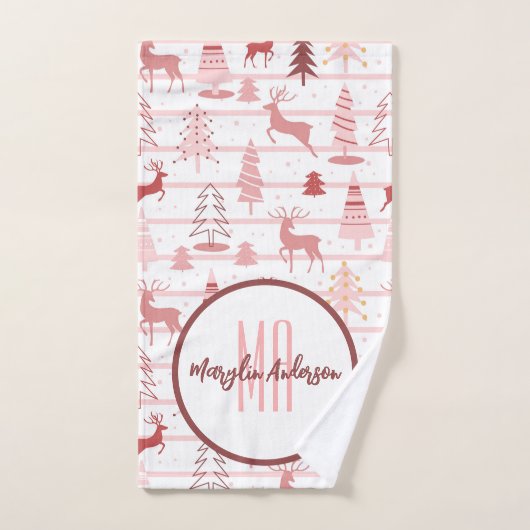 PINK REINDEER & CHRISTMAS TREES CUSTOM MONOGRAM BAD HANDDOEK (Handdoek)