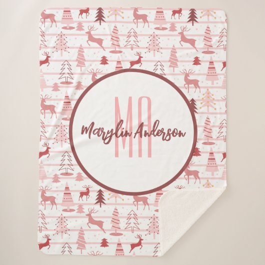 PINK REINDEER & CHRISTMAS TREES CUSTOM MONOGRAM SHERPA DEKEN (Voorkant)