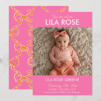 Pink Retro Bow Photo Birth Announcement Card Kaart