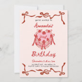 Pink Retro Cake and red Bow Coquette Birthday Kaart (Voorkant)