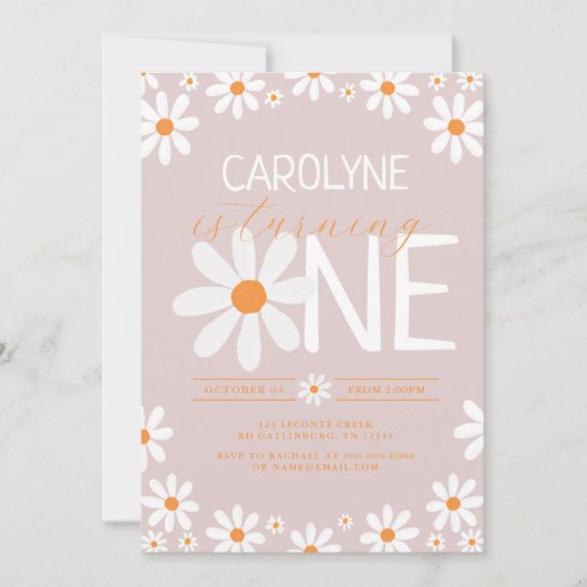 Pink Retro Daisy Invitations de fête d'anniversair (Devant)
