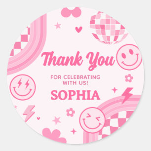 Pink Retro Groovy Birthday Party Ronde Sticker