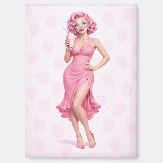 Pink Retro Milkshake Pin-Up Girl Strawberry Magnet Magneet
