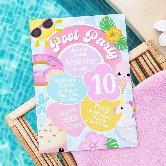 Pink Retro Pool Party Anniversaire Invitation