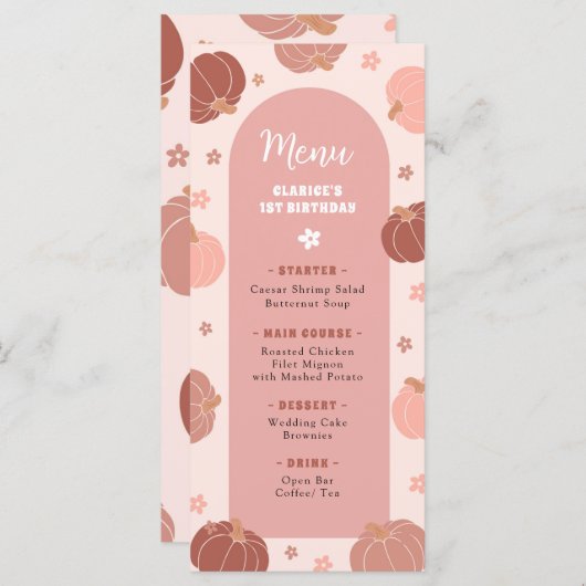Pink Retro Pumpkin Boho First Birthday Menu (Devant / Derrière)