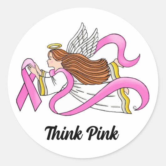 Pink Ribbon Angel Ronde Sticker (Voorkant)