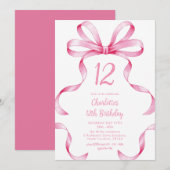 Pink Ribbon Coquette Bow 12th Birthday Invitation Kaart (Voorkant / Achterkant)