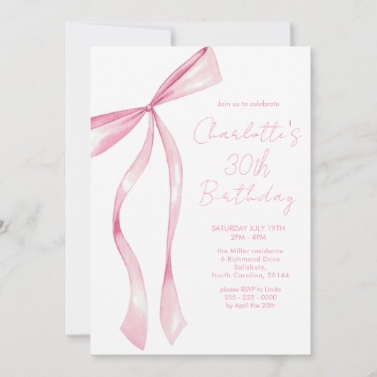 Pink Ribbon Elegant 30th Birthday Invitation (Devant)