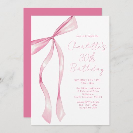 Pink Ribbon Elegant 30th Birthday Invitation (Devant / Derrière)