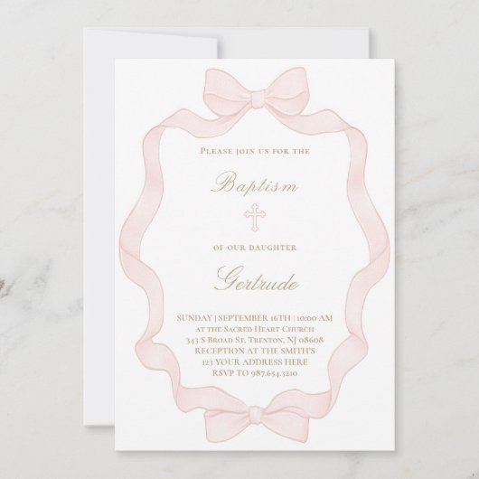  pink ribbon frame Baptism Invitation (Devant)