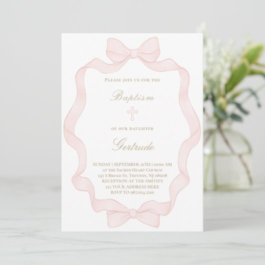  pink ribbon frame Baptism Invitation (Debout devant)