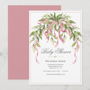 Pink Ribbons Greenery Elegant Baby shower Invitati Kaart