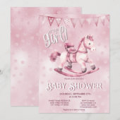 Pink Rocking Horse Baby shower Invitation Kaart (Voorkant / Achterkant)