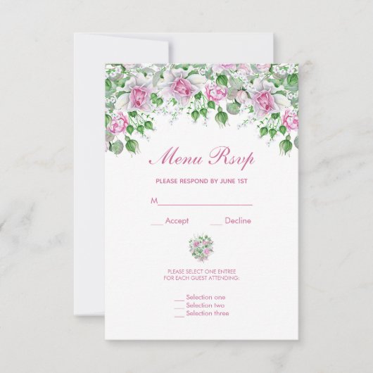 Pink Romantic Rose Menu Mariage RSVP (Devant)