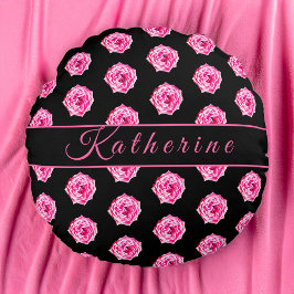 Pink Rose Black Personalized Rond Kussen