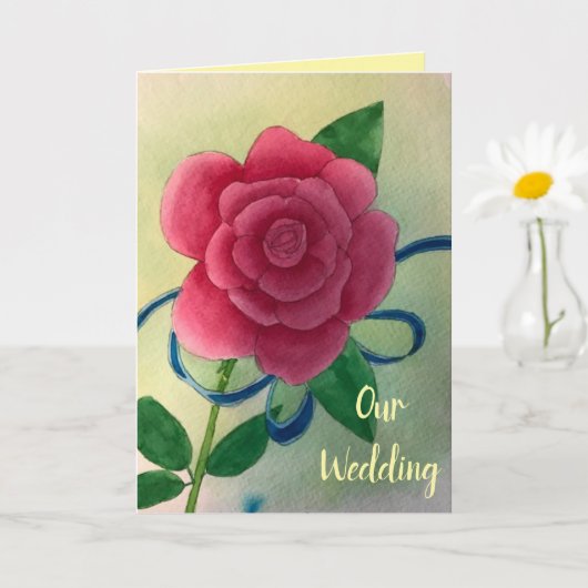 Pink Rose Blue Ribbon Wedding Invitation Cards (Petite plante)