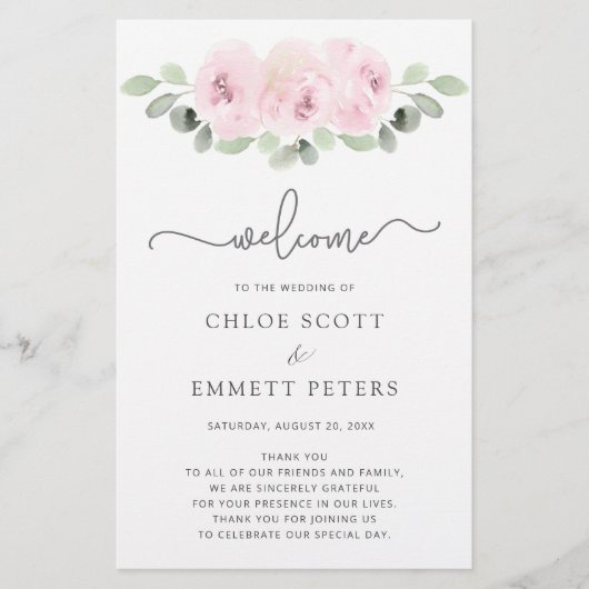 Pink Rose Botanical Wedding Ceremony Programme (Voorkant)