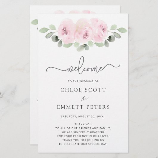 Pink Rose Botanical Wedding Ceremony Programme (Voorkant / Achterkant)