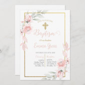 Pink rose bouquet baptême invitation pour fille (Devant / Derrière)