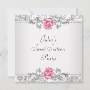 Pink Rose Damask Pink Sweet Sixteen Party Kaart