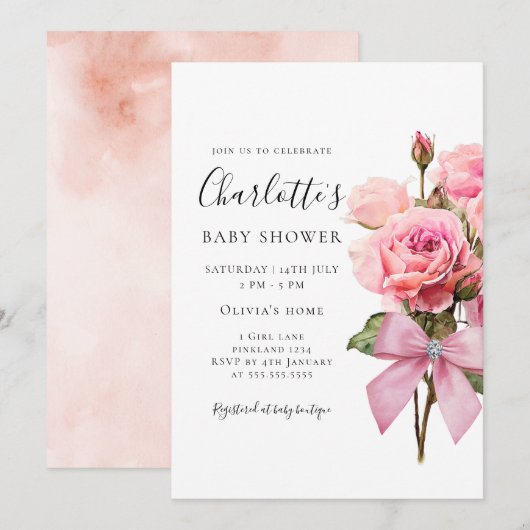 Pink Rose Diamond Bow Girl Baby Shower Invitation Kaart (Voorkant / Achterkant)