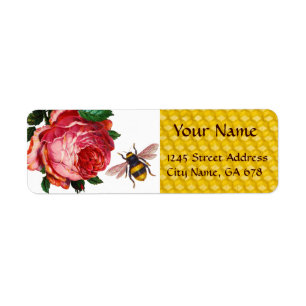 PINK ROSE EN HONEY BEE, BEEKEEPER ETIKET