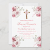Pink rose first communion invitation in spanish  (Devant)