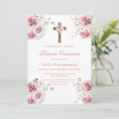 Pink rose first communion invitation in spanish  (Debout devant)