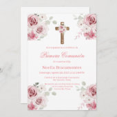 Pink rose first communion invitation in spanish  (Devant / Derrière)