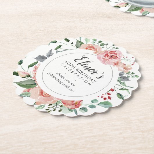 Pink Rose Floral 80e verjaardag dank u Kartonnen Onderzetters (Gekanteld)