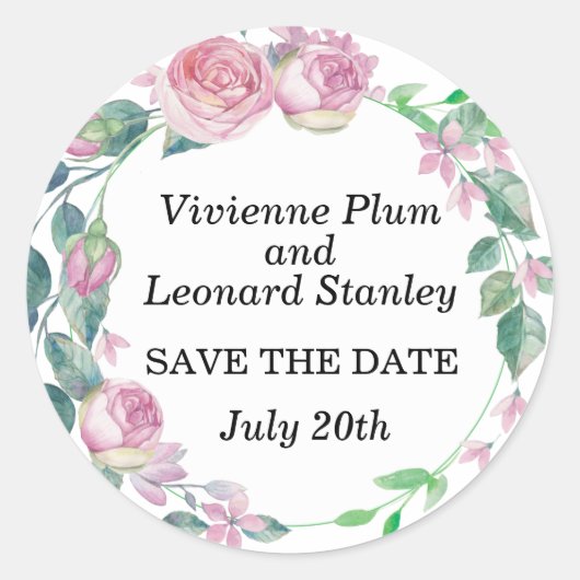 Pink Rose Floral Save the Date Envelope Seal Ronde Sticker (Voorkant)