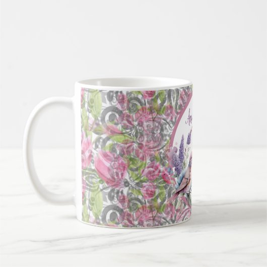 Pink Rose Floral Scroll Café Mug (Gauche)