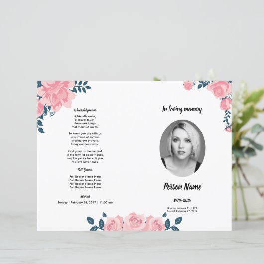 PINK ROSE FLOWER | Sjabloon van het begrafenisprog (Staand voorkant)