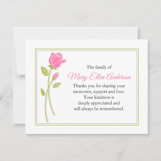 Pink Rose Funeral Note Card Flat Bereavement Note Notitiekaartje (Voorkant)