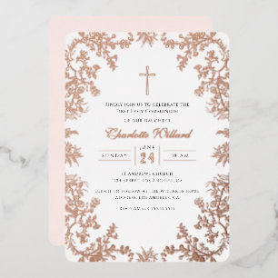 Pink Rose Gold Cross  Eerste Communie Folie Uitnodiging