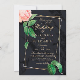 Pink rose & gold frame floral Wedding Invitation Kaart