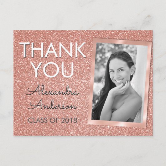 Pink Rose Gold Glitter Afstuderen Dank u Briefkaart (Voorkant)
