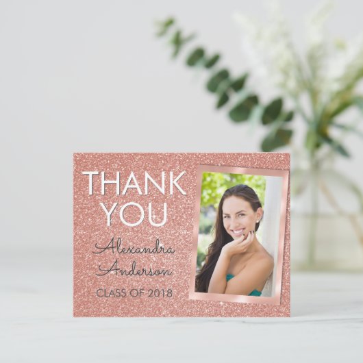 Pink Rose Gold Glitter Afstuderen Dank u Briefkaart (Staand voorkant)