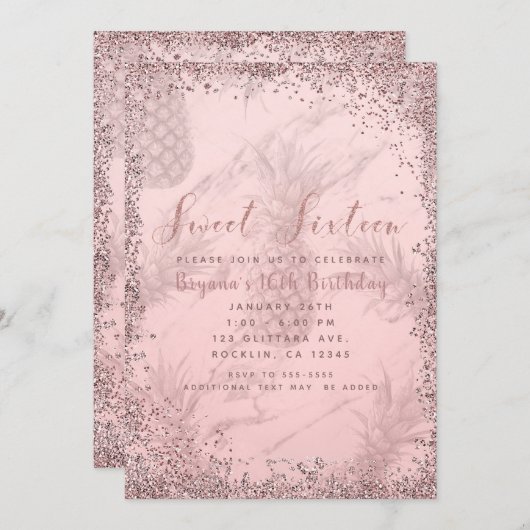 Pink Rose Gold Glitter Ananas Sweet 16 Party Kaart (Voorkant / Achterkant)