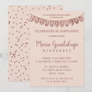 Pink Rose Gold Glitter Banner Español Quinceañera Kaart