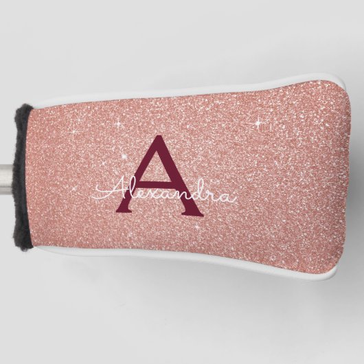 Pink Rose Gold Glitter Bourgogne Sparkle Monogram Golfheadcover (Voorkant)