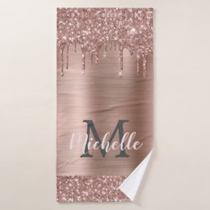 Pink Rose Gold Glitter Drips Elegant Monogram 