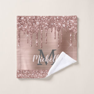 Pink Rose Gold Glitter Drips Monogram Vrouwelijk Washandje