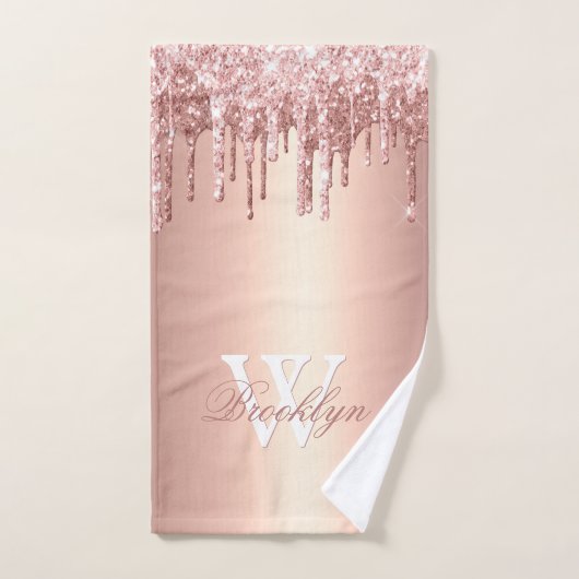 Pink Rose Gold Glitter Drips Pink Metal Monogram Handdoek (Handdoek)